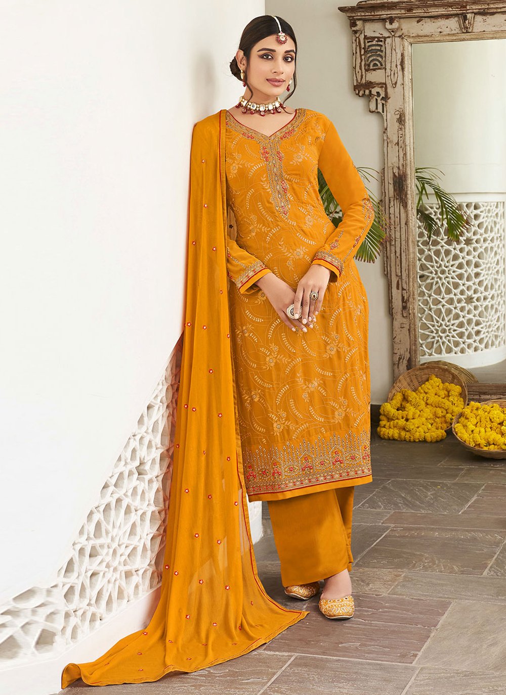 Salwar Suit Georgette Mustard Embroidered Salwar Kameez