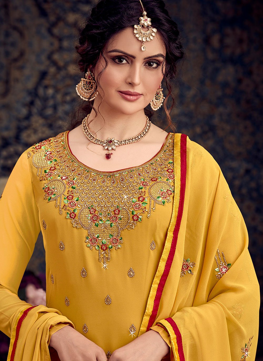 Salwar Suit Georgette Yellow Embroidered Salwar Kameez