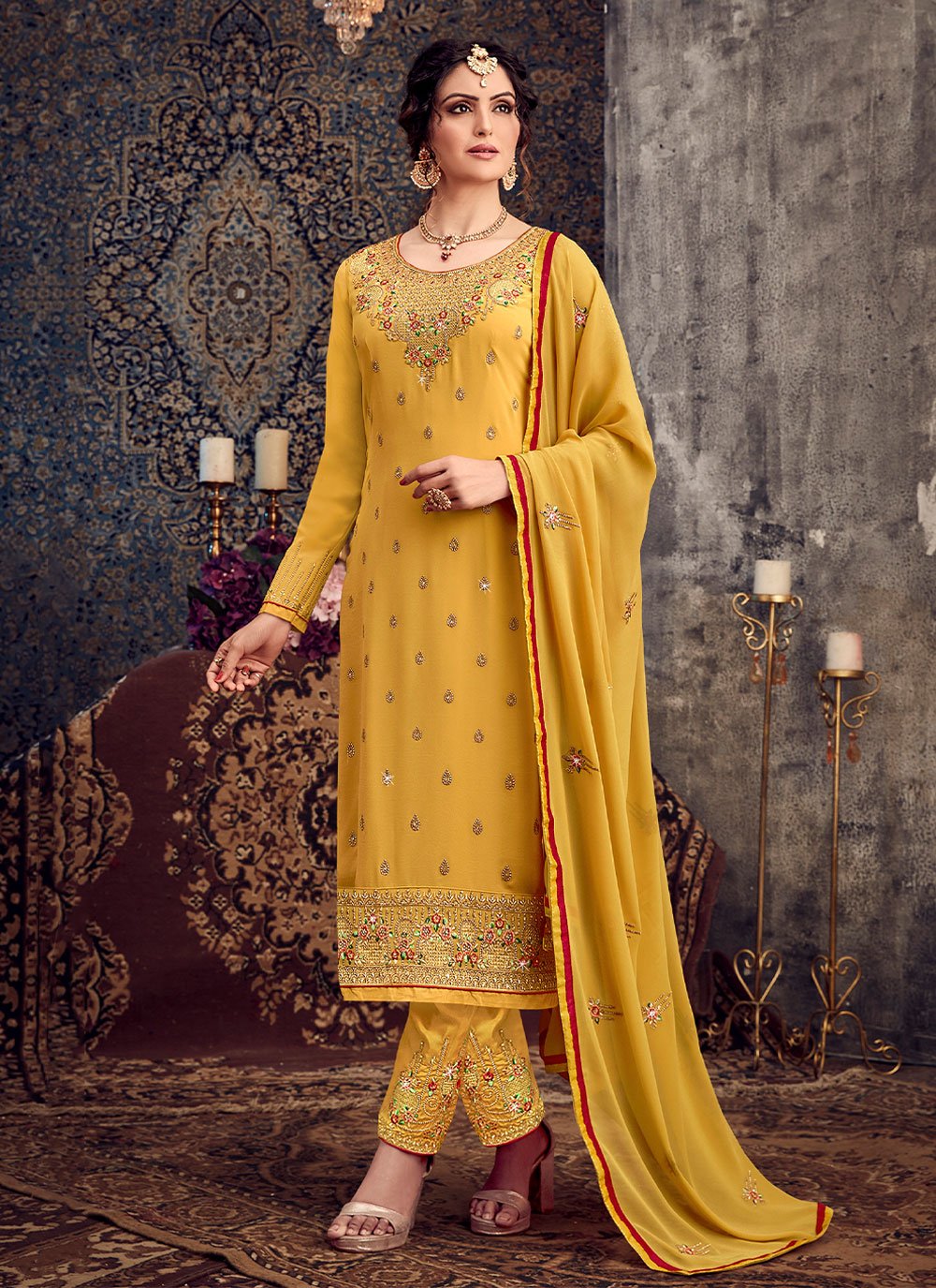 Salwar Suit Georgette Yellow Embroidered Salwar Kameez