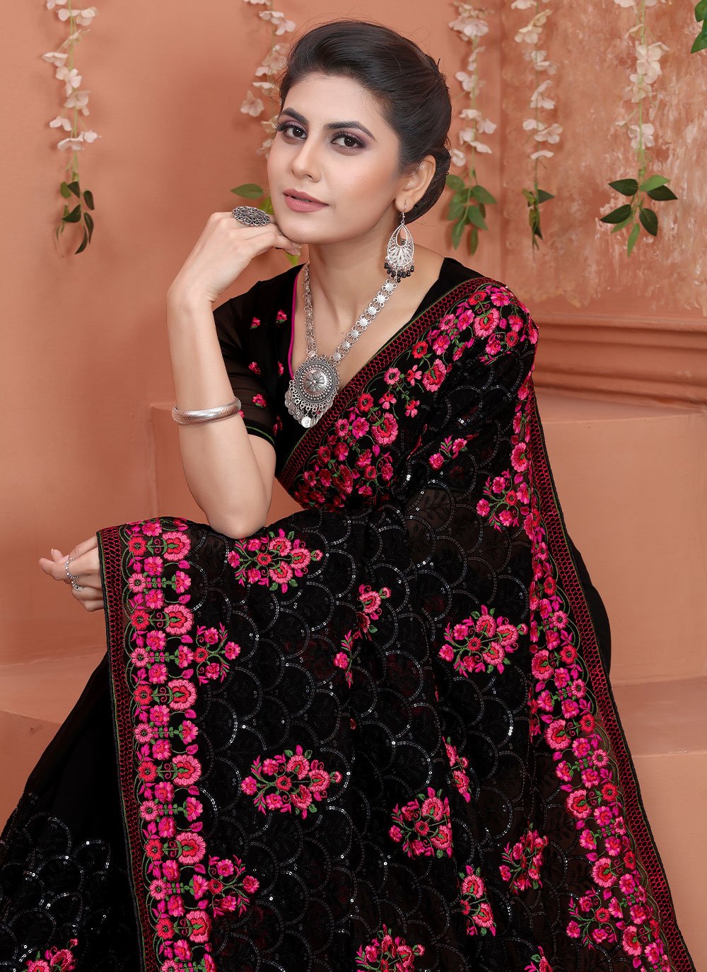 Trendy Saree Georgette Black Embroidered Saree