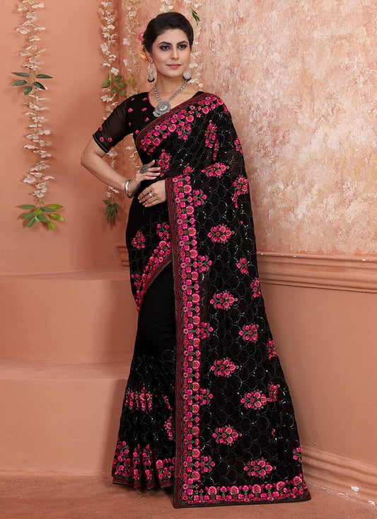 Trendy Saree Georgette Black Embroidered Saree