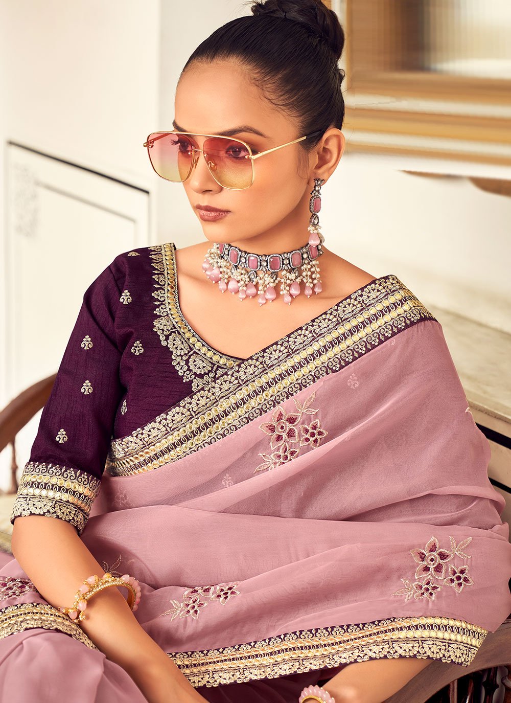 Trendy Saree Georgette Lavender Embroidered Saree