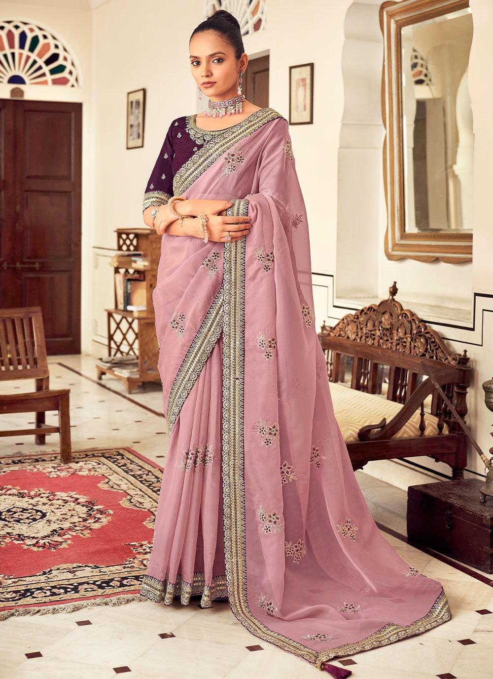 Trendy Saree Georgette Lavender Embroidered Saree