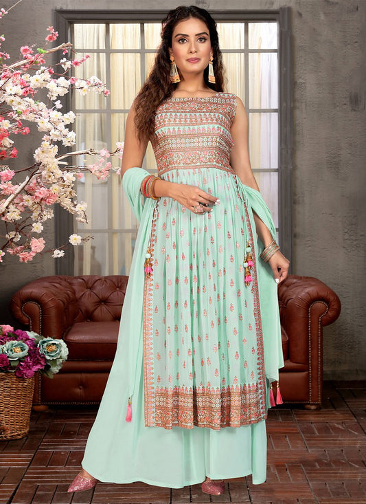 Salwar Suit Georgette Turquoise Embroidered Salwar Kameez