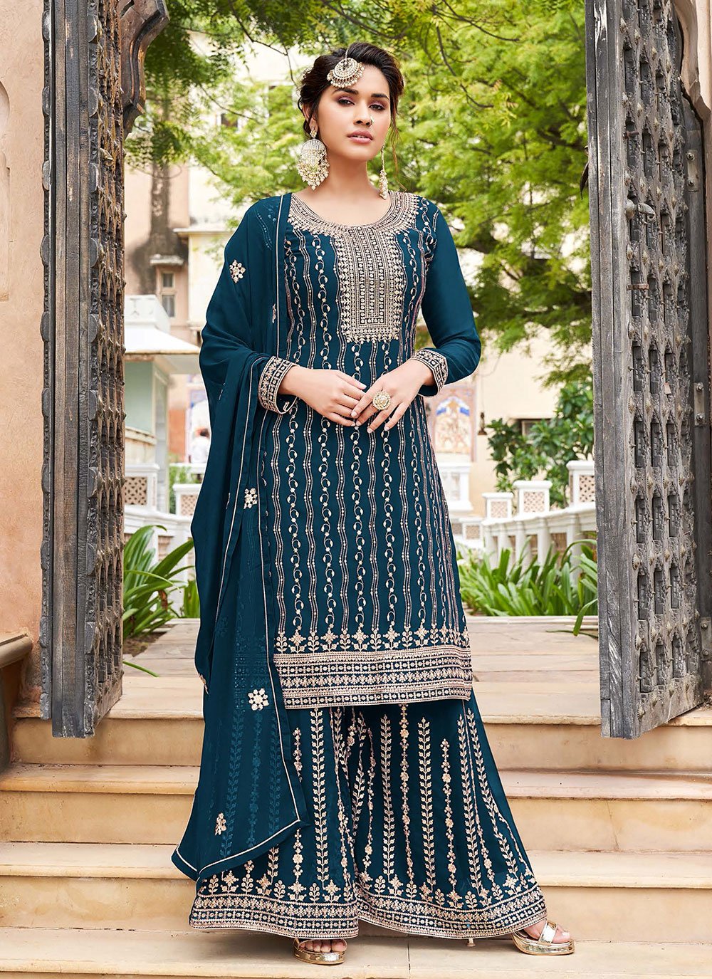 Trendy Suit Georgette Turquoise Embroidered Salwar Kameez