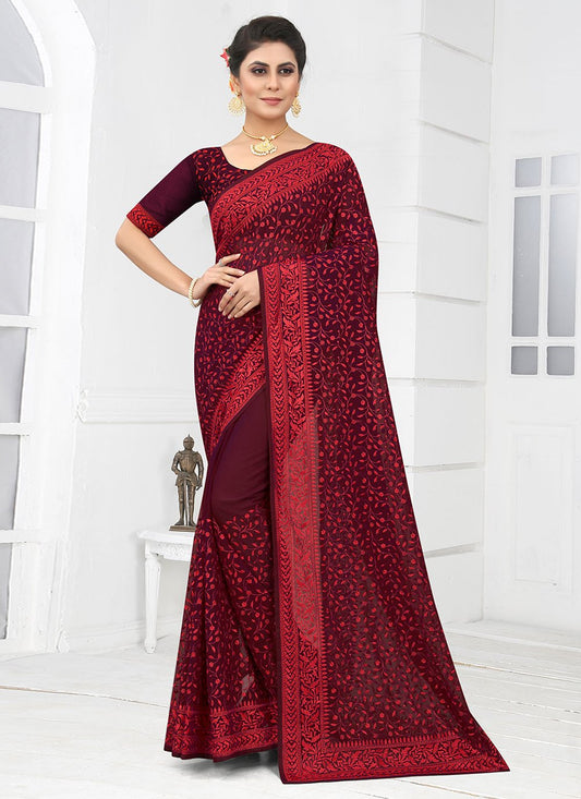 Designer Georgette Wine Embroidered Saree