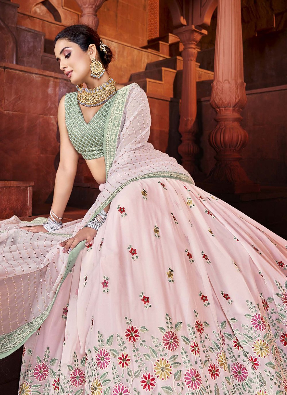 A Line Lehenga Georgette Pink Embroidered Lehenga Choli