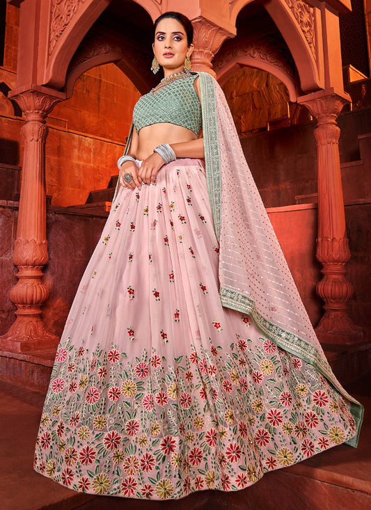 A Line Lehenga Georgette Pink Embroidered Lehenga Choli