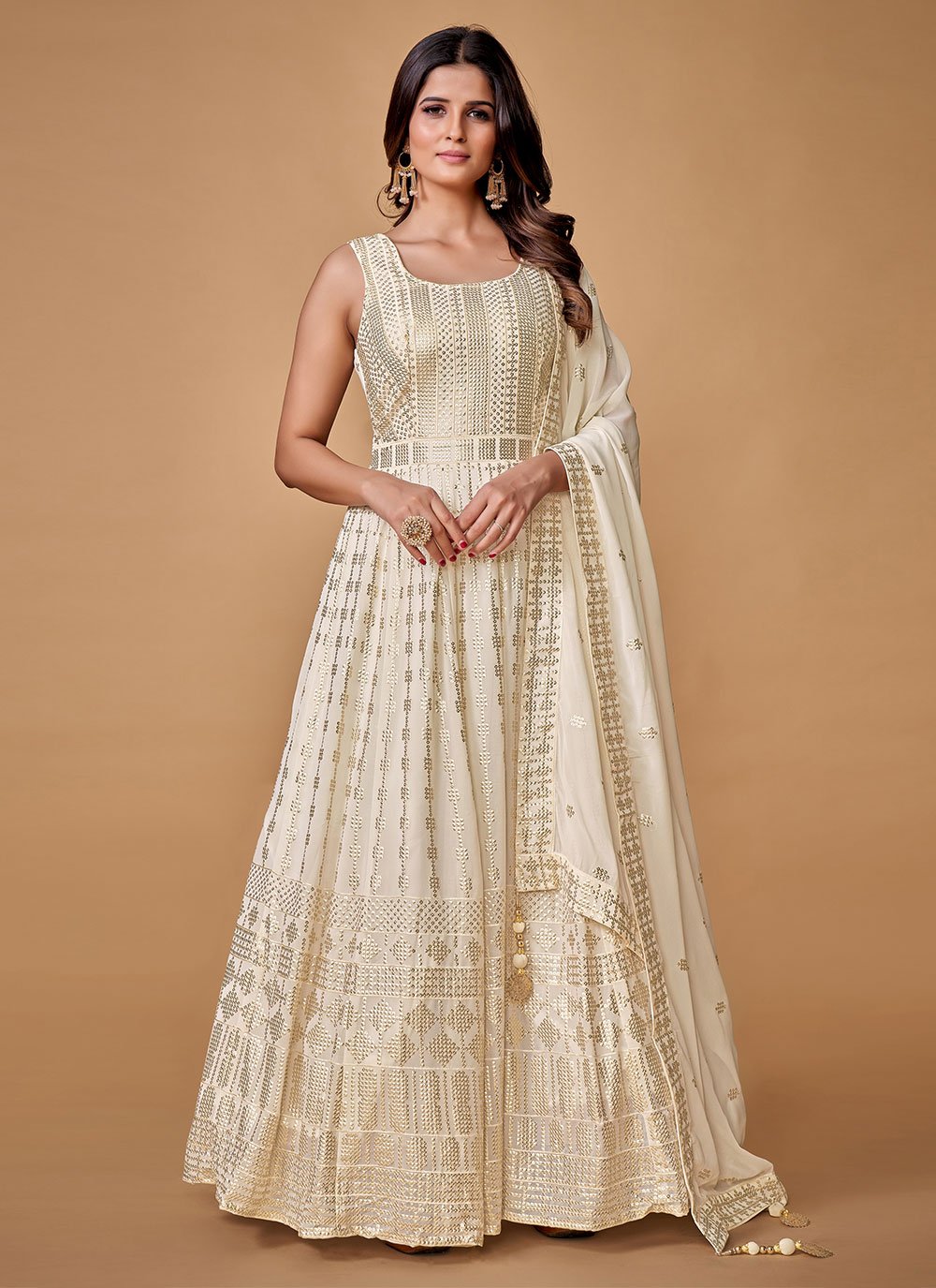 Gown Georgette Off White Sequins Gown