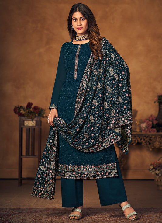 Straight Salwar Suit Georgette Teal Crystals Salwar Kameez