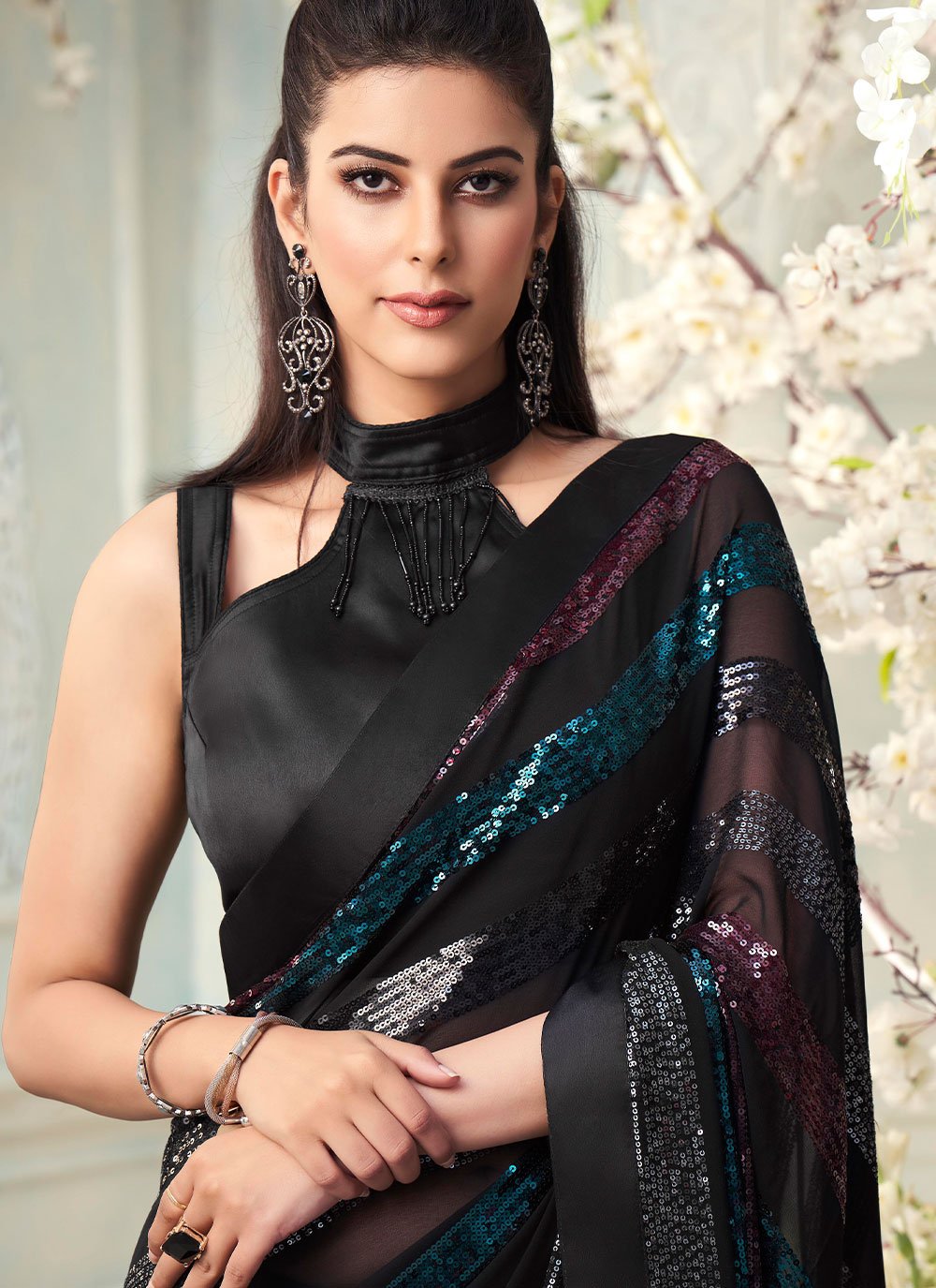 Classic Georgette Black Fancy Work Saree