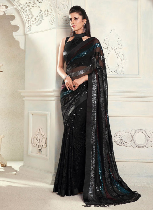 Classic Georgette Black Fancy Work Saree