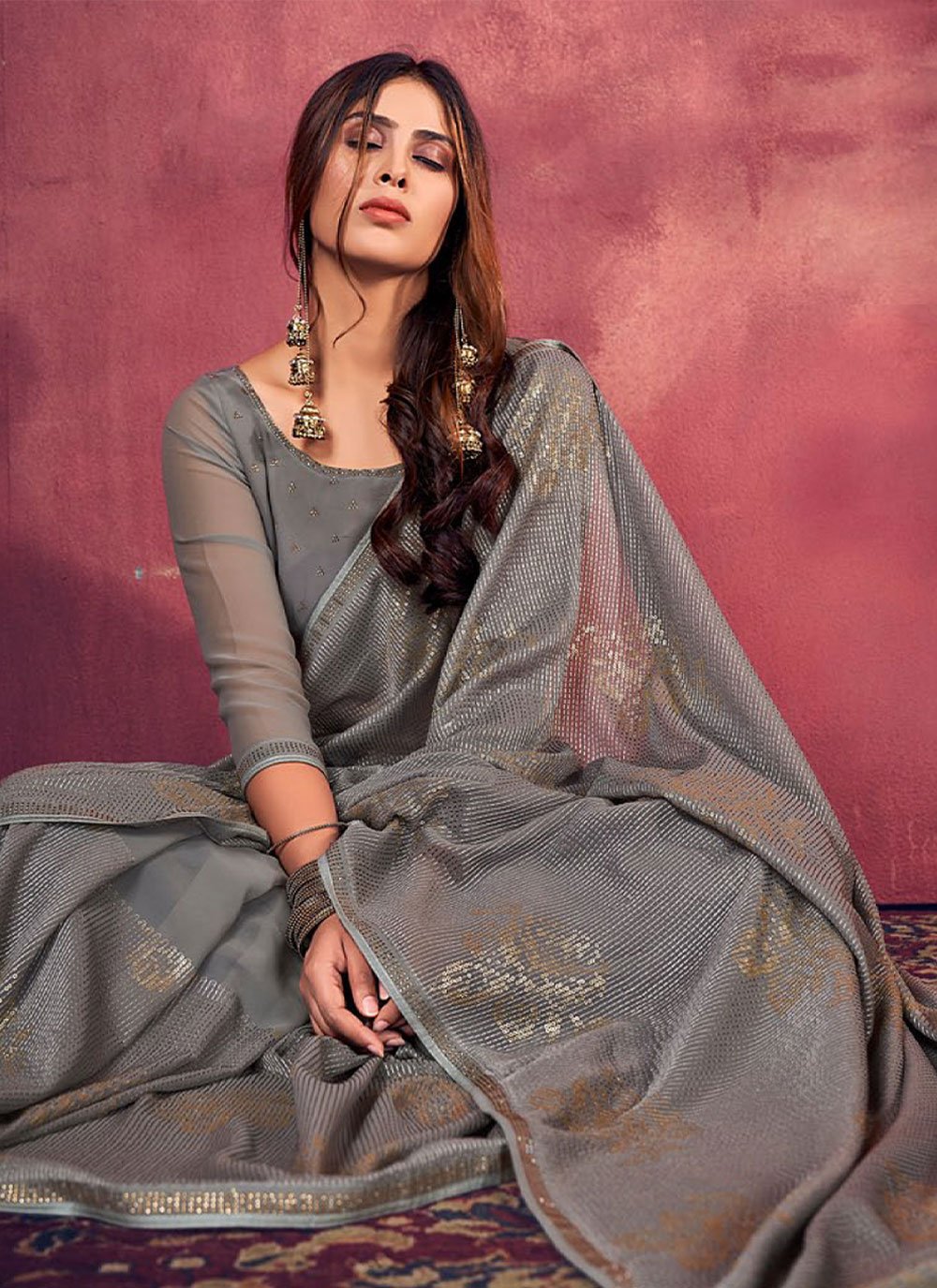 Designer Georgette Grey Fancy Work Saree