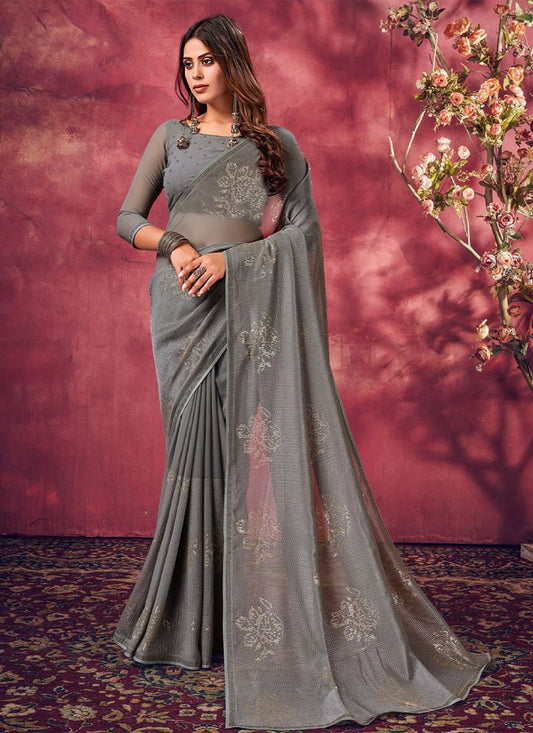 Designer Georgette Grey Fancy Work Saree