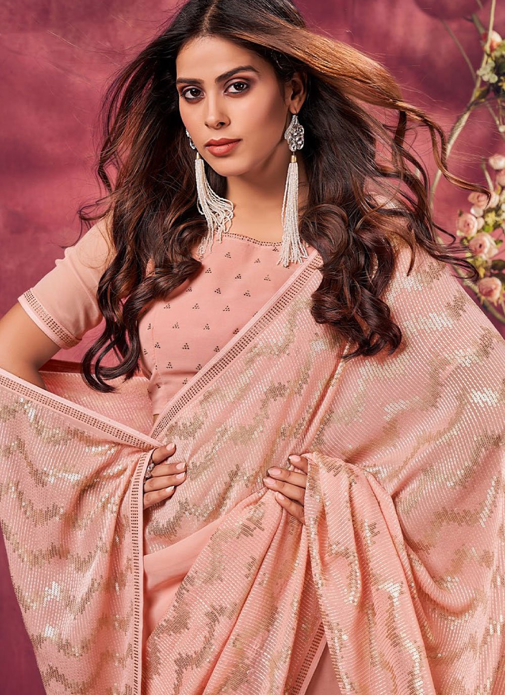 Classic Georgette Peach Fancy Work Saree