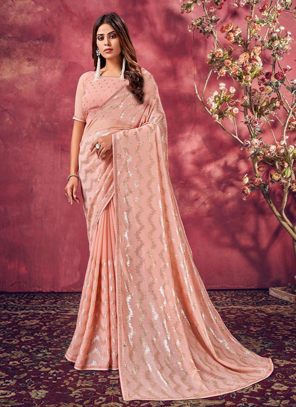 Classic Georgette Peach Fancy Work Saree