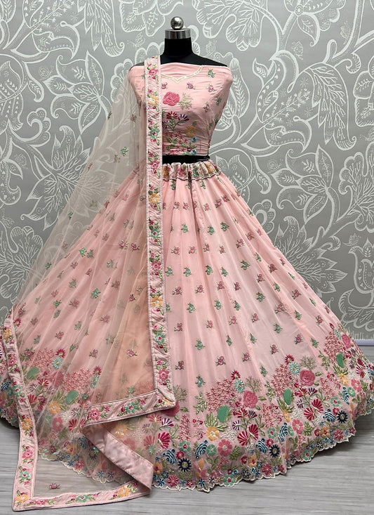 A Line Lehenga Georgette Pink Embroidered Lehenga Choli