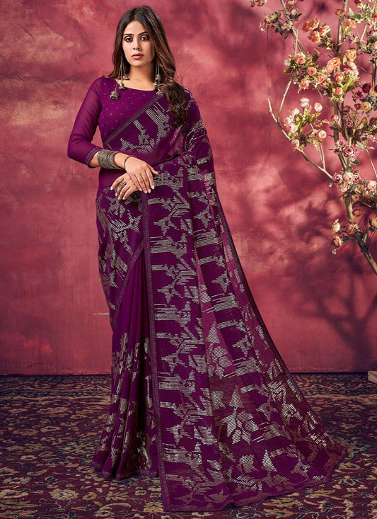 Contemporary Georgette Purple Fancy Work Saree