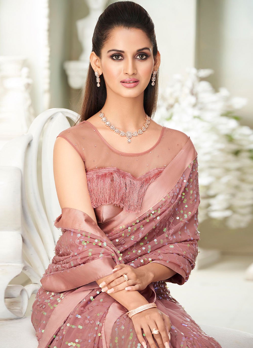 Classic Georgette Pink Fancy Work Saree