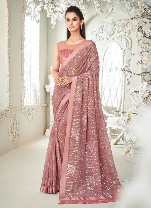 Classic Georgette Pink Fancy Work Saree