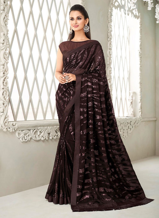 Classic Georgette Wine Fancy Work Saree