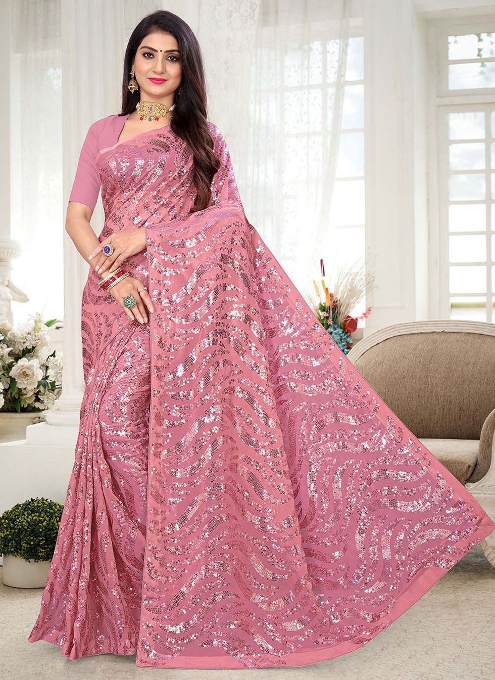 Classic Georgette Pink Sequins Saree