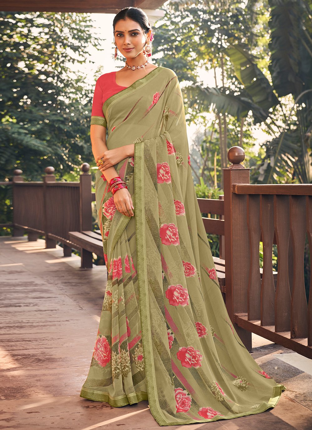 Classic Designer Georgette Sea Green Floral Patch Saree