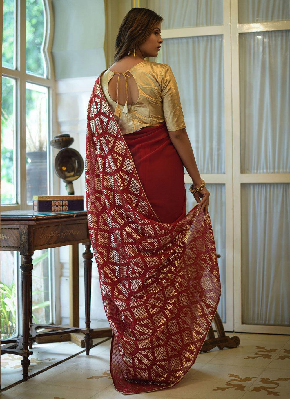 Contemporary Georgette Maroon Embroidered Saree