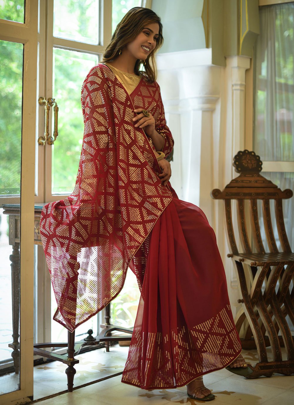 Contemporary Georgette Maroon Embroidered Saree