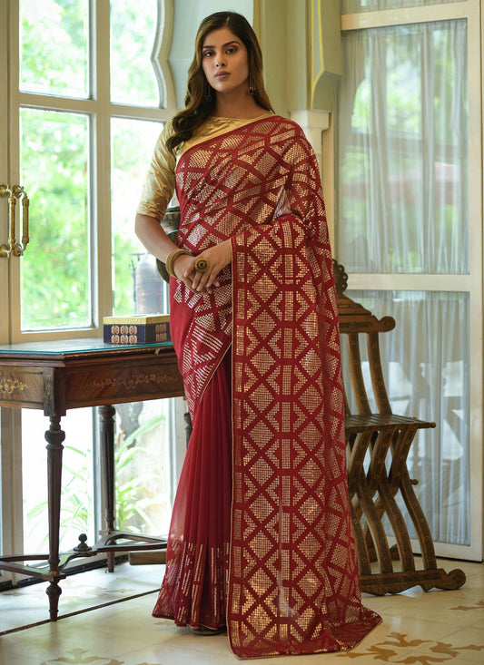 Contemporary Georgette Maroon Embroidered Saree