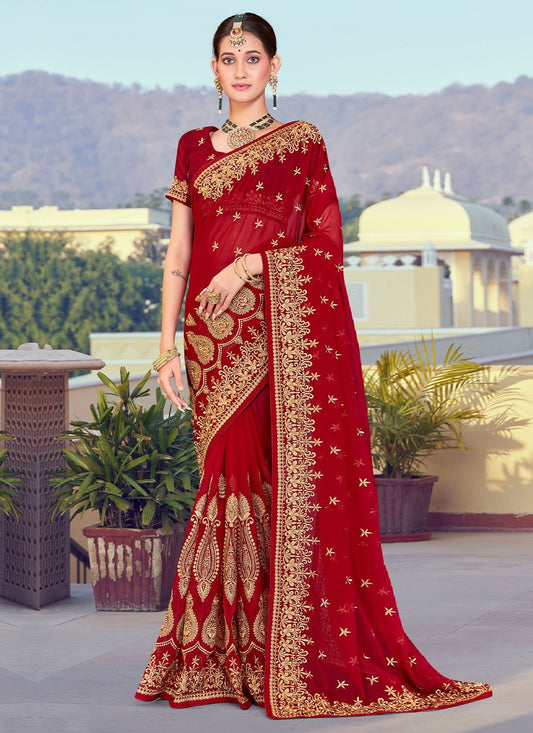 Contemporary Georgette Maroon Embroidered Saree