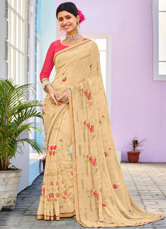 Contemporary Georgette Cream Fancy Work Saree