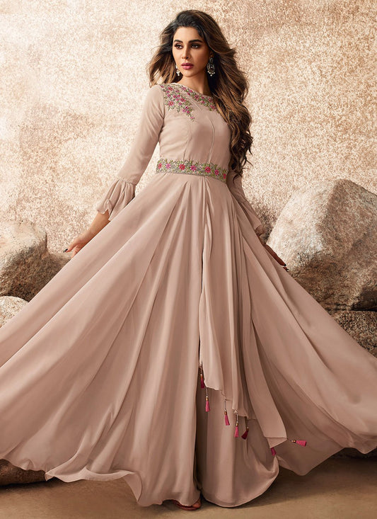 Gown Georgette Beige Embroidered Gown