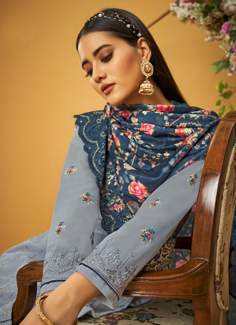 Palazzo Salwar Suit Georgette Grey Embroidered Salwar Kameez