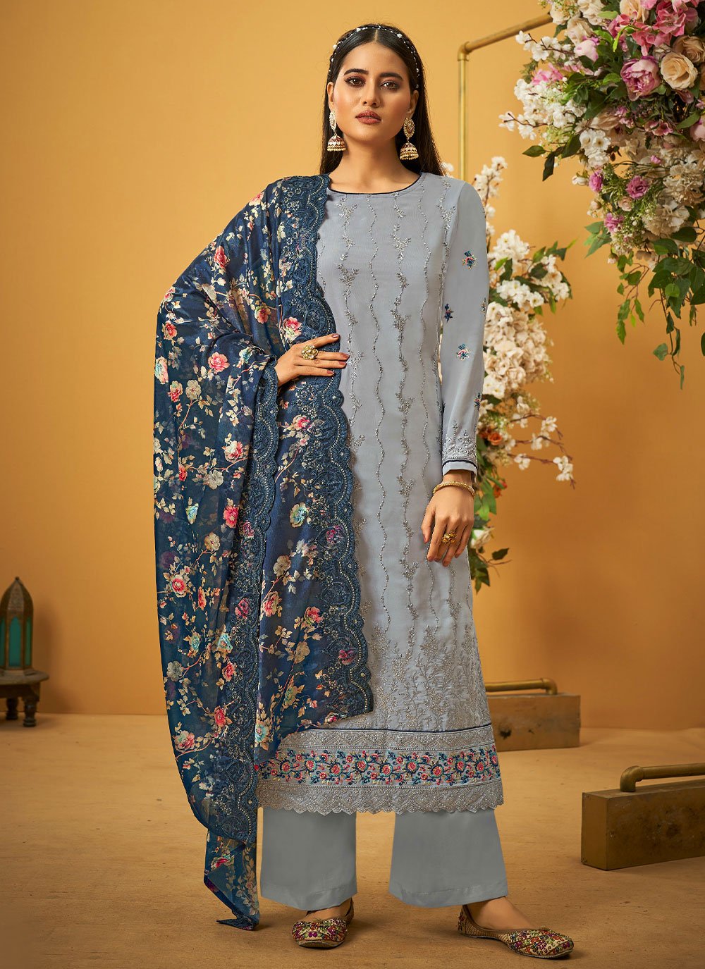 Palazzo Salwar Suit Georgette Grey Embroidered Salwar Kameez