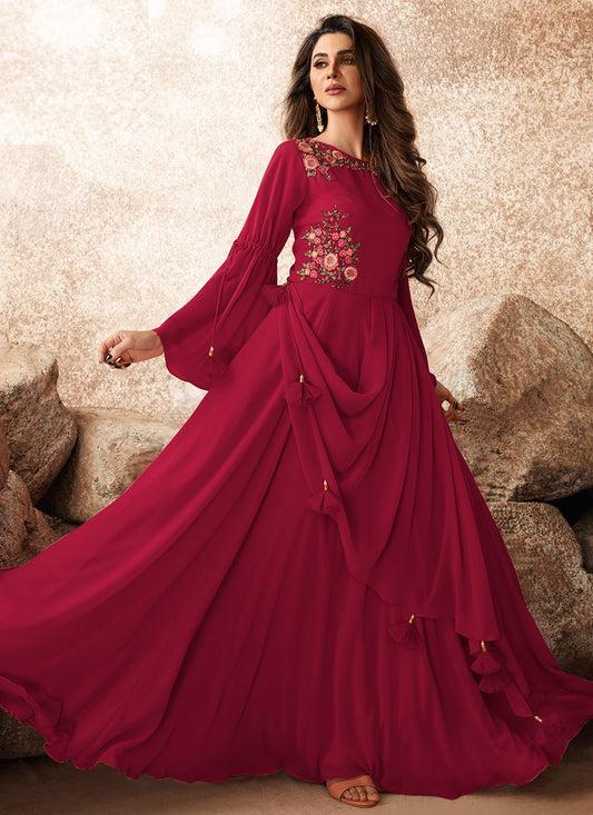 Gown Georgette Pink Embroidered Gown