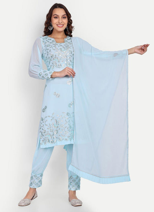 Salwar Suit Georgette Aqua Blue Multi Salwar Kameez