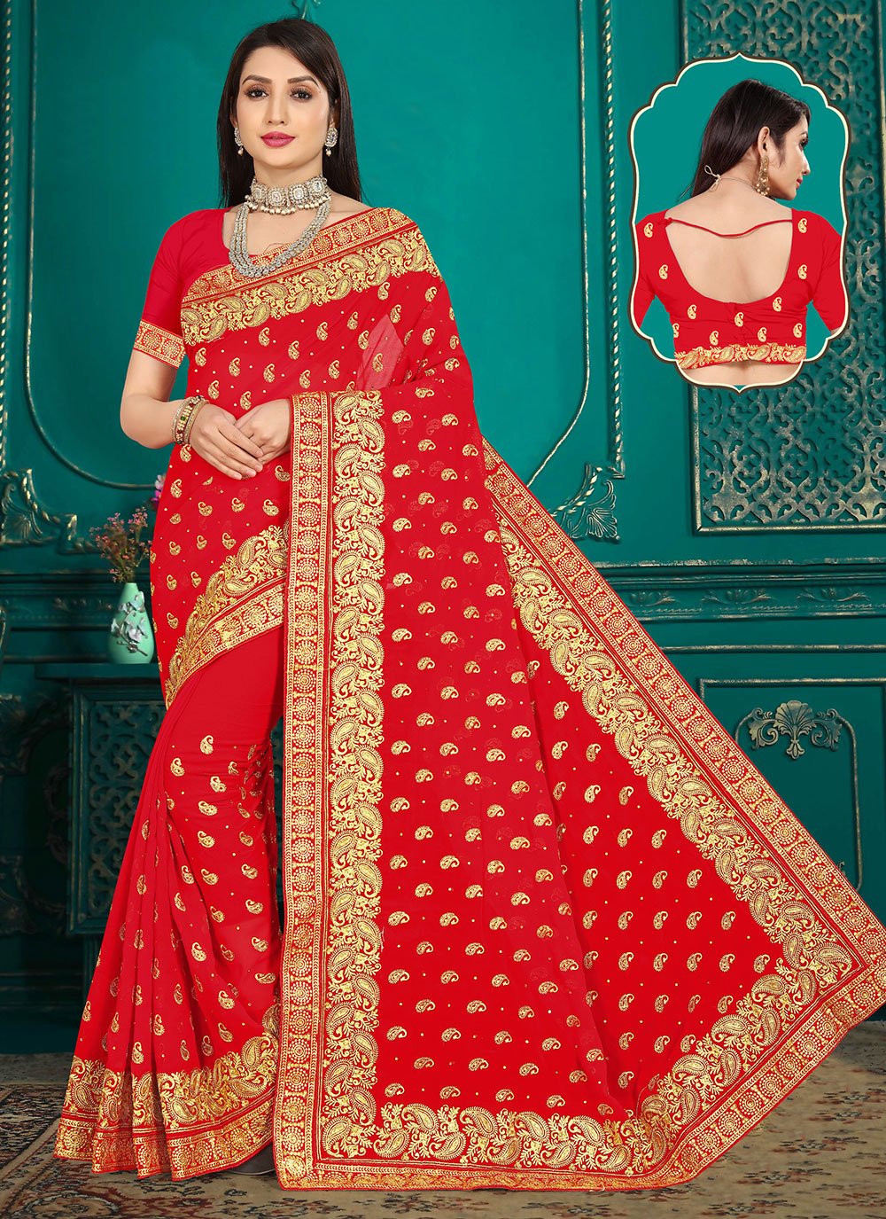 Classic Georgette Red Embroidered Saree