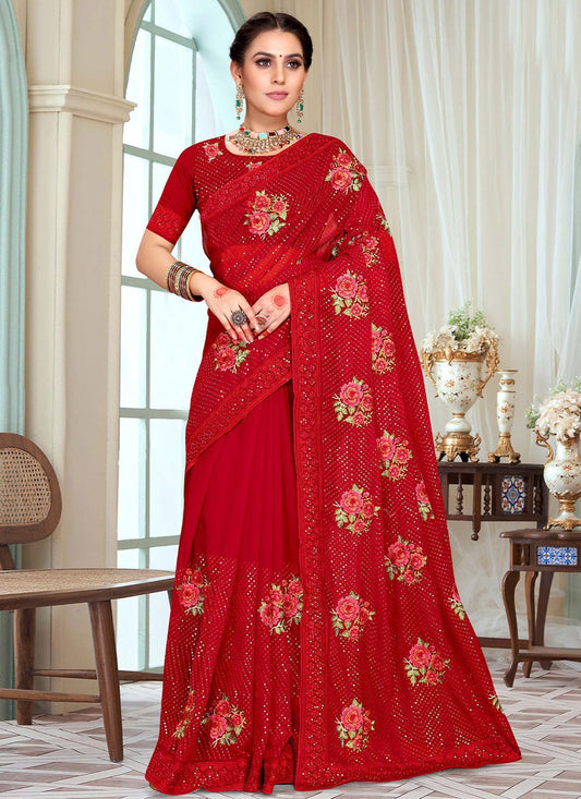 Trendy Saree Georgette Red Embroidered Saree