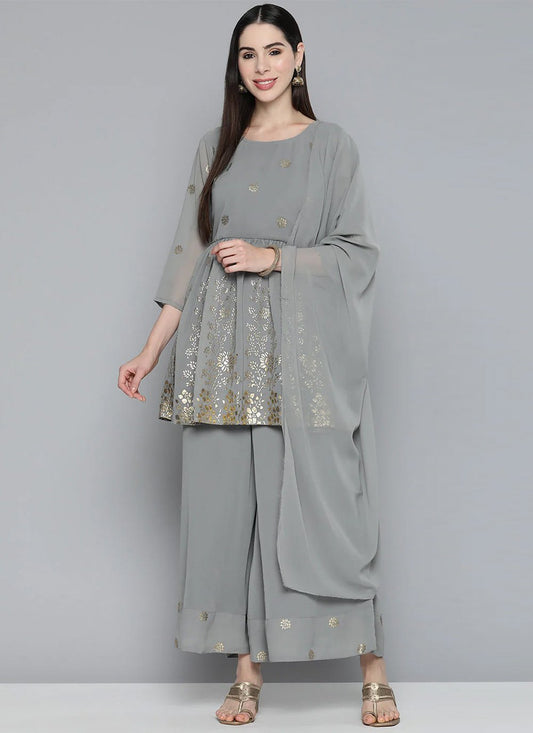 Trendy Suit Georgette Grey Floral Patch Salwar Kameez