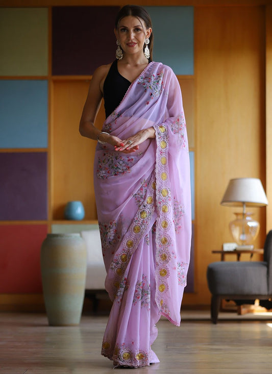 Classic Georgette Violet Floral Patch Saree