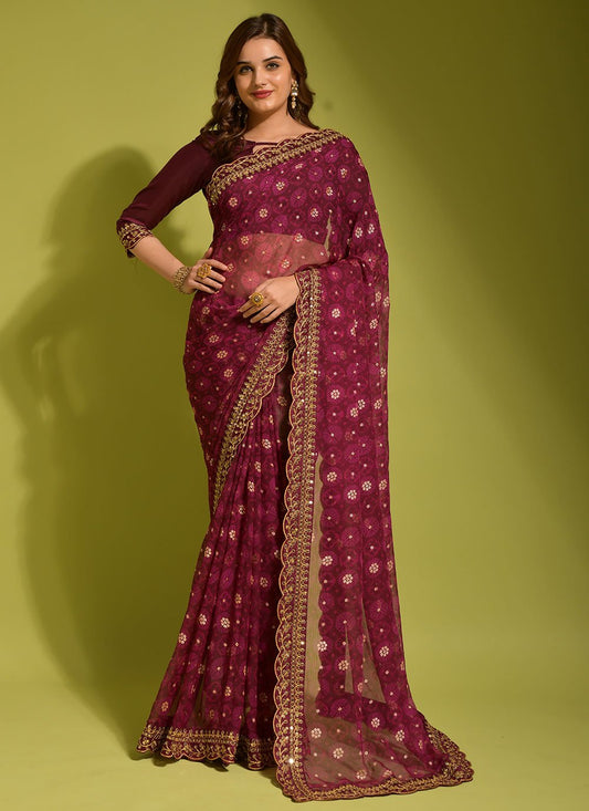 Classic Chiffon Georgette Wine Embroidered Saree