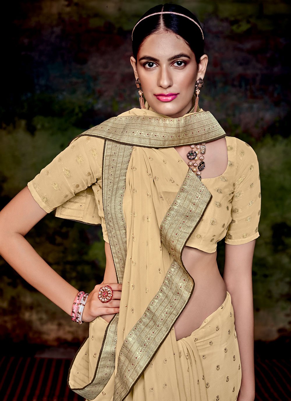 Classic Georgette Beige Foil Print Saree