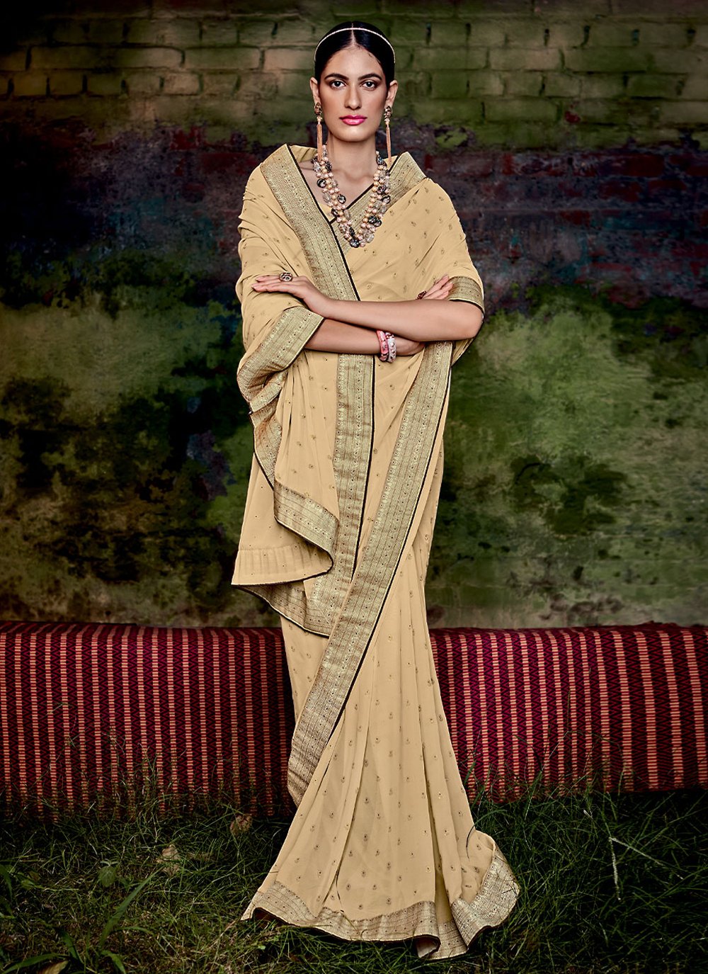 Classic Georgette Beige Foil Print Saree