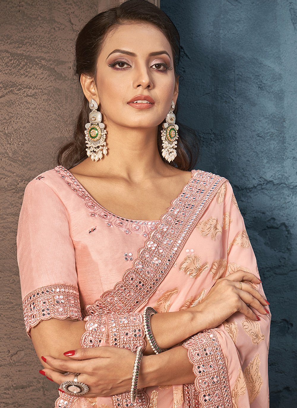 Classic Georgette Jacquard Peach Embroidered Saree