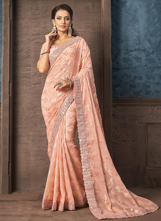 Classic Georgette Jacquard Peach Embroidered Saree