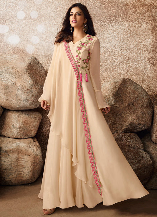 Gown Georgette Beige Embroidered Gown
