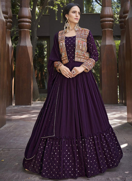 Gown Georgette Purple Embroidered Gown