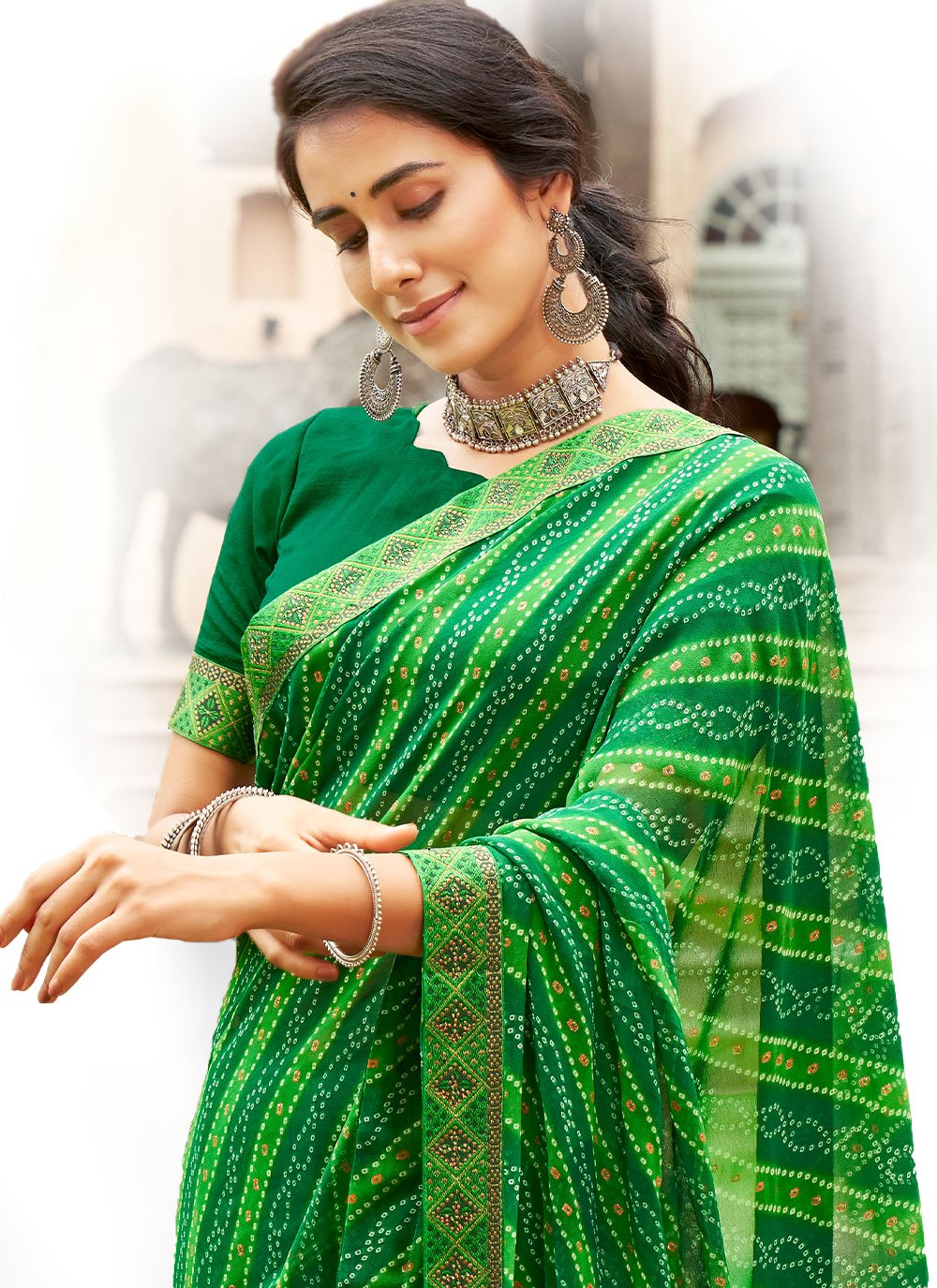 Bandhani Saree Georgette Green Print Saree