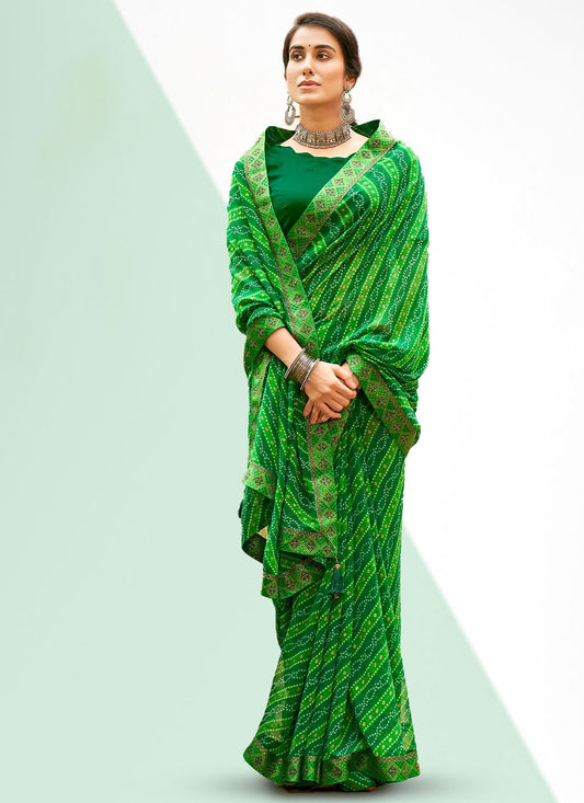 Bandhani Saree Georgette Green Print Saree